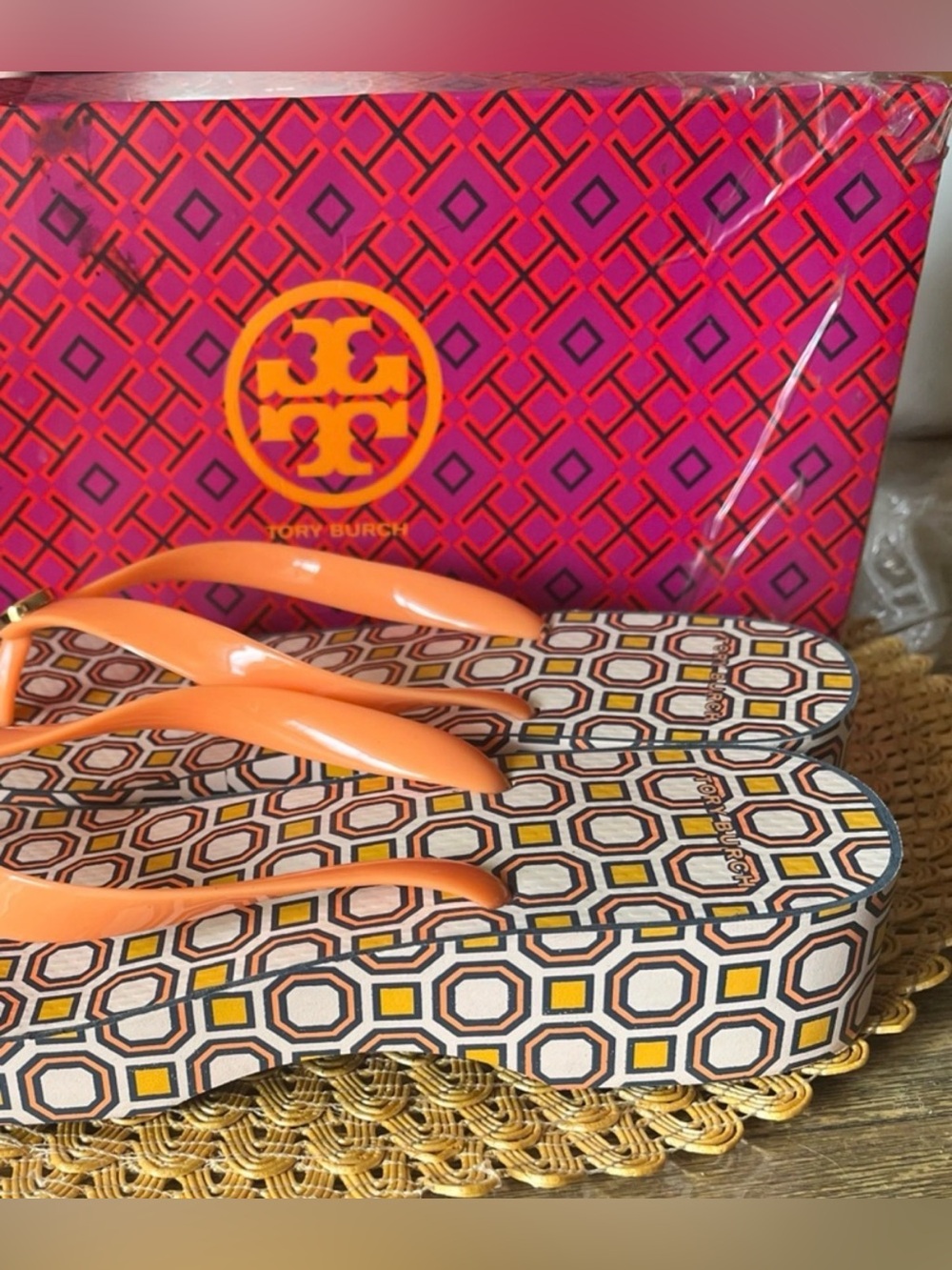 Tory Burch Orange and Multicolor Geometric Flip Flops